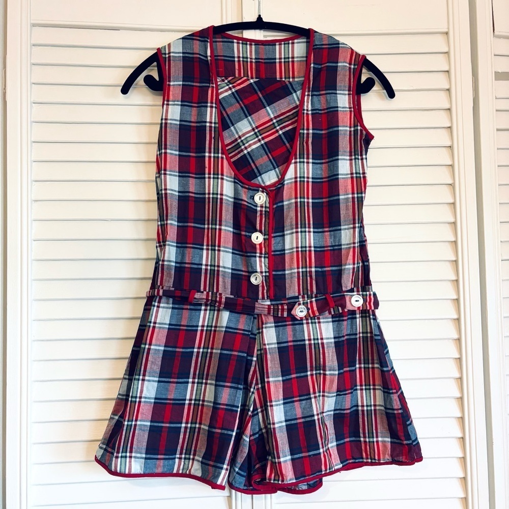 Vintage 1970s Girl’s Children’s Plaid Romper Red White Blue